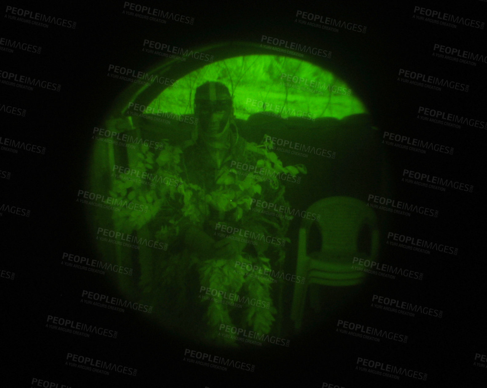 Buy stock photo Night vision, soldier or sniper scope in military for aim, target or firearm with mission or battle. Man, person or camouflage for battlefield, service and defense with army, bootcamp and incognito