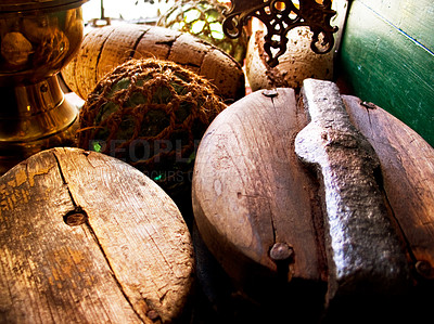 Buy stock photo Closeup of fishing barrels, lines and rope, net and storage of traditional equipment at port. Tools, fishery and mesh, vintage wood and old metal, retro cordage and antique fishnet in industry
