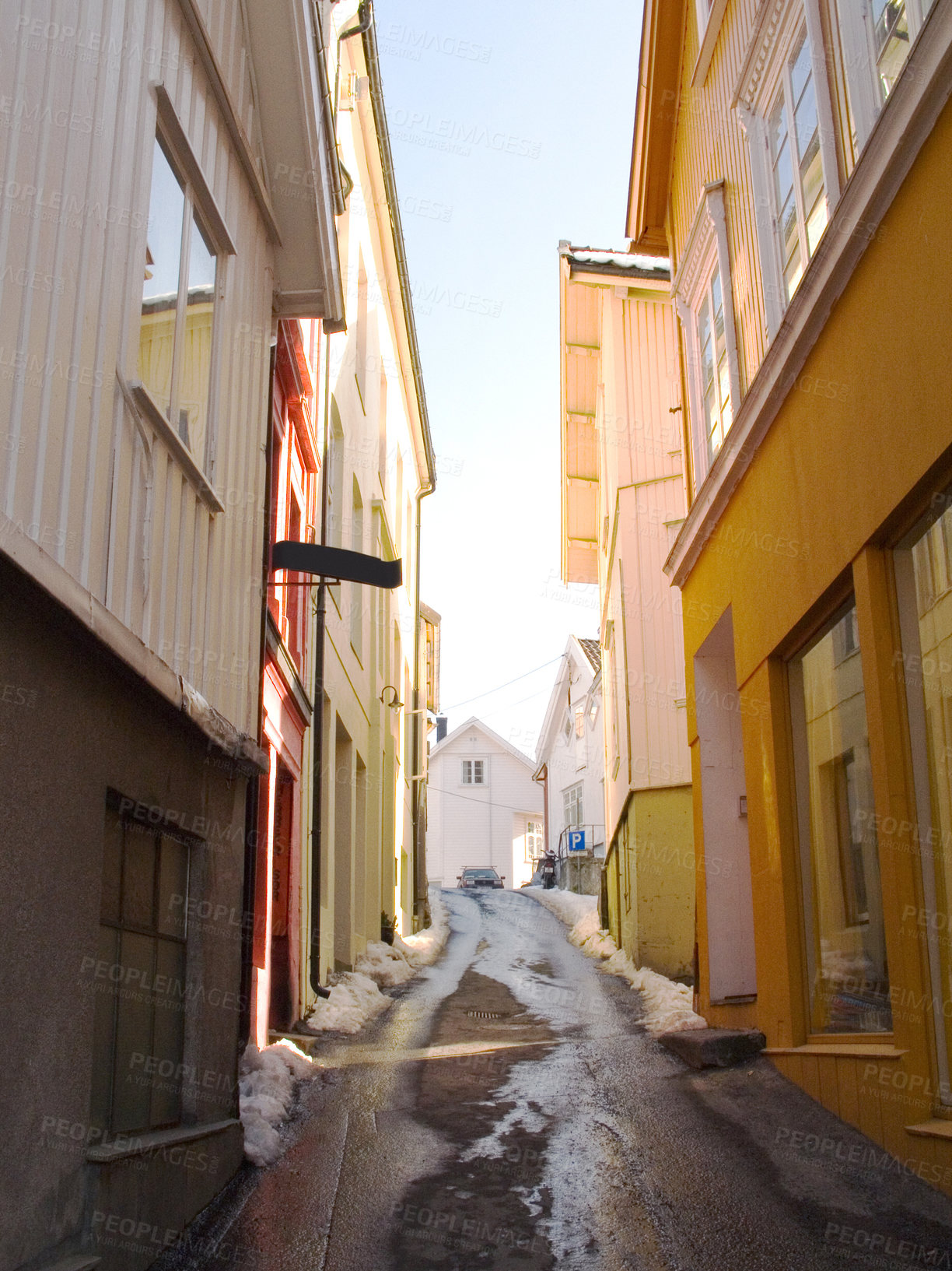 Buy stock photo Snow, street and buildings at a village in Norway in winter outdoor for travel, vacation in Europe or tourism holiday in vintage city. Road, architecture and houses, home exterior or alleyway in town