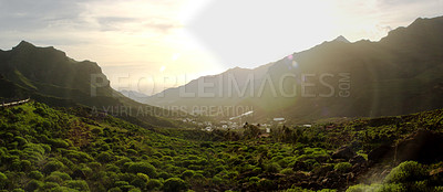 Buy stock photo Landscape, green valley and mountain in nature with forest, field and environment for location and peace. Countryside, land and ecology with trees, growth and woods outdoor for adventure or holiday