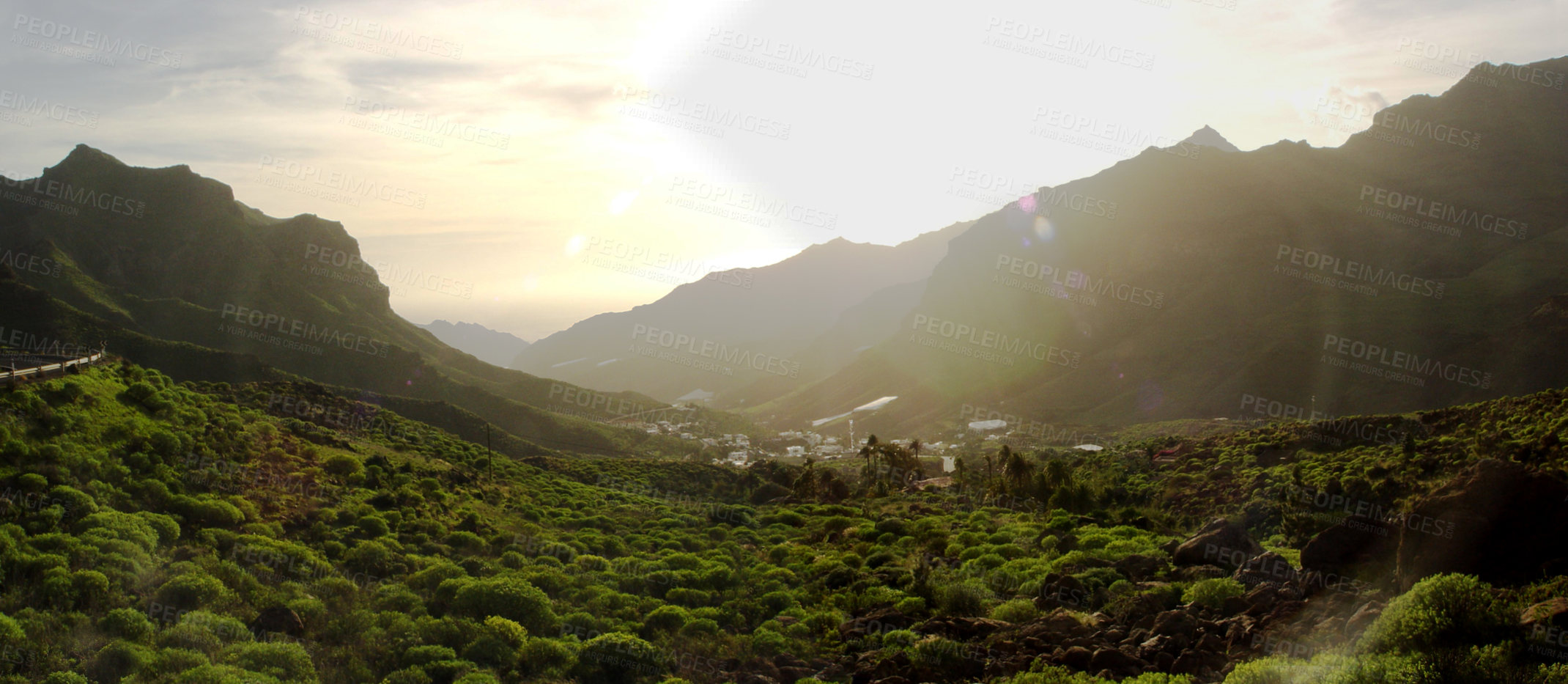 Buy stock photo Landscape, green valley and mountain in nature with forest, field and environment for location and peace. Countryside, land and ecology with trees, growth and woods outdoor for adventure or holiday