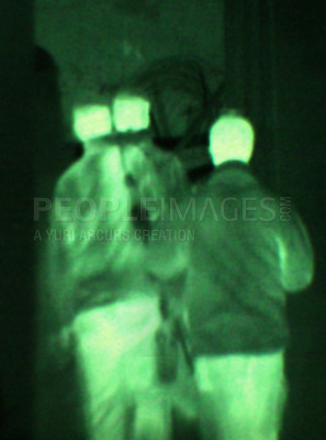 Buy stock photo Military, night vision and target in green, overlay or dark silhouette of spy, people or terrorist risk to soldier. Police, surveillance or men training in infrared scope for army or security mission