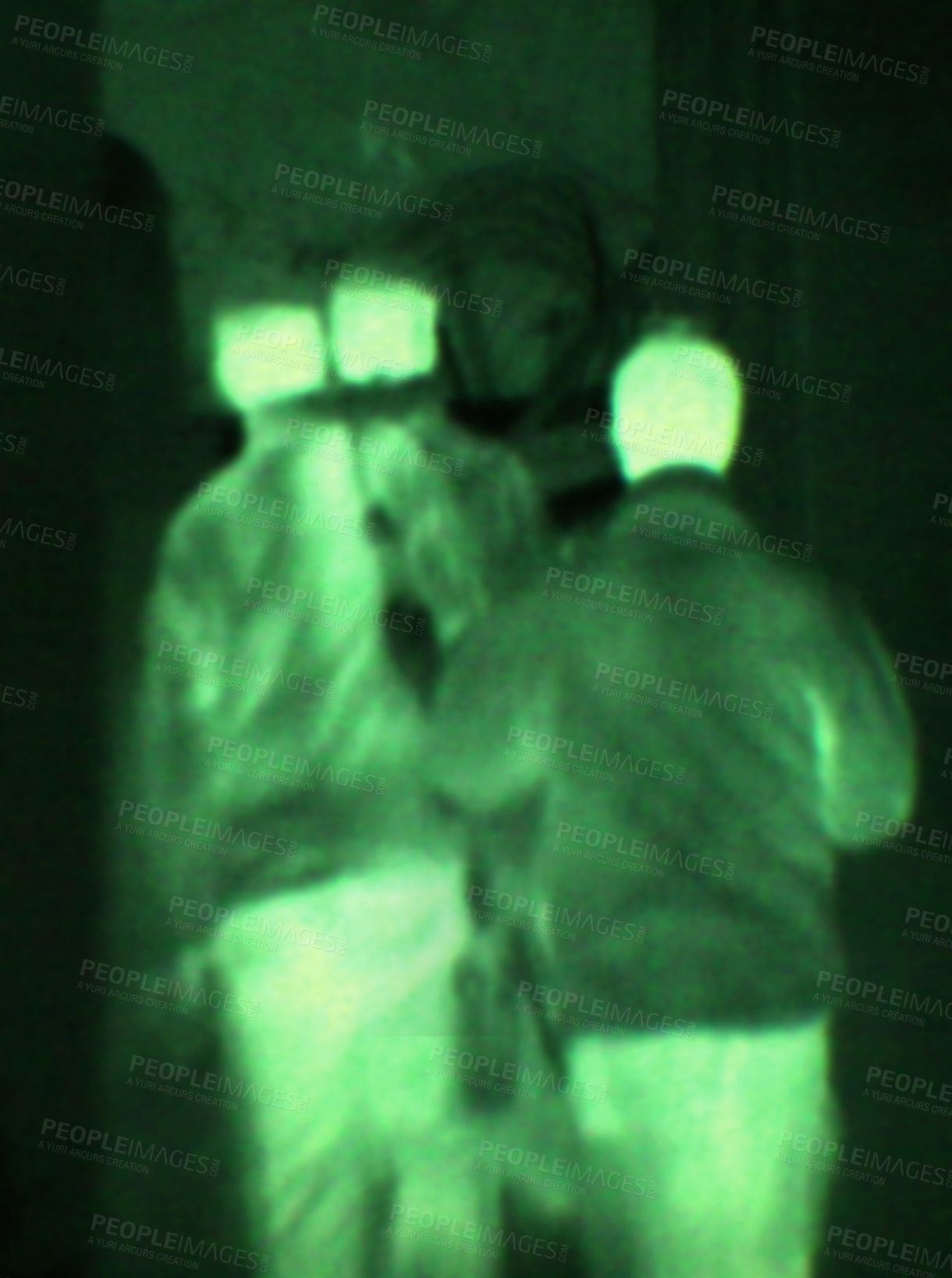 Buy stock photo Military, night vision and target in green, overlay or dark silhouette of spy, people or terrorist risk to soldier. Police, surveillance or men training in infrared scope for army or security mission