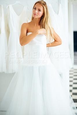 Buy stock photo Wedding, beauty and portrait of young bride shopping for dress in boutique, shop or store in mall for fitting. Retail, romance and female person from Canada preparing for marriage ceremony or party.
