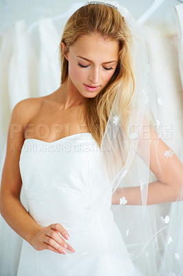 Buy stock photo Wedding, beauty and young bride in a dress in a luxury boutique, shop or store in a mall. Retail, romance and female person from Canada preparing for marriage ceremony, party or reception for love