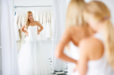 Buy stock photo Wedding, mirror and young bride in dress in boutique, shop or store in mall for fitting. Retail, romance and female person from Canada preparing for marriage ceremony, party or reception for love.