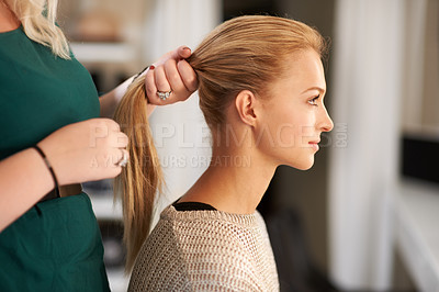Buy stock photo Hairdresser, beauty and woman styling for long, healthy and long hairstyle on a young model. Stylist, ponytail and beautiful female person from Australia at salon or spa for self care treatment.