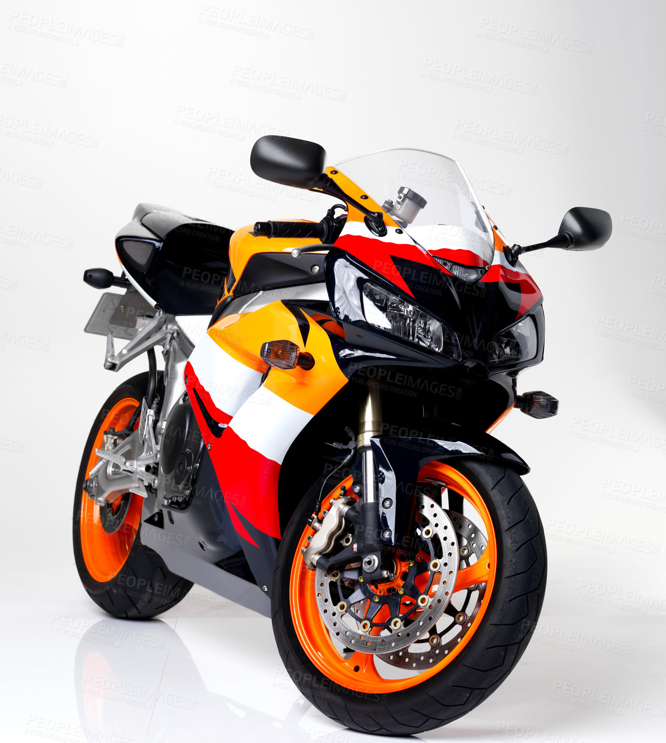 Buy stock photo Motorcycle, super bike and transportation for sports in studio isolated on a white background. Motorbike, vehicle and transport tech, engine and machine for fast speed, travel and drive for freedom