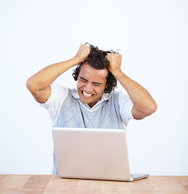 Buy stock photo Angry, laptop and businessman frustrated by glitch or error feeling stress isolated in a white studio background. Anxiety, depression and male employee with mental health issue due to a 404 problem