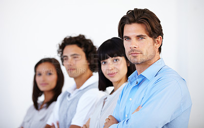 Buy stock photo Business people, portrait and arms crossed for professional leadership, management or teamwork at office. Confident employee executives standing for team building or company goals at workplace