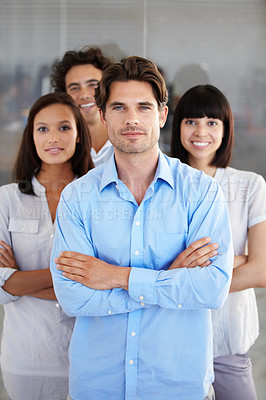 Buy stock photo Business people, portrait and arms crossed in leadership, management or teamwork at the office. Confident employee professional standing in confidence for team building or company goals at workplace