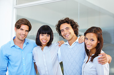 Buy stock photo Business people, portrait smile and hug in teamwork for friendship, team building or success at the office. Happy and confident employees standing together smiling for company goals at workplace