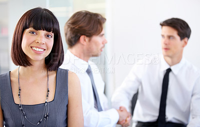 Buy stock photo Portrait, negotiation and a business woman in the boardroom during a strategy or planning workshop. Corporate, professional and seminar with a young female employee meeting at a table in the office