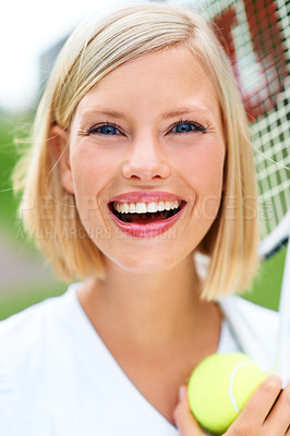 Buy stock photo Smile, portrait or happy woman with a ball in tennis training match, fitness exercise or game outdoors. Racket, healthy start or face of girl athlete on court ready for sports, wellness or workout 