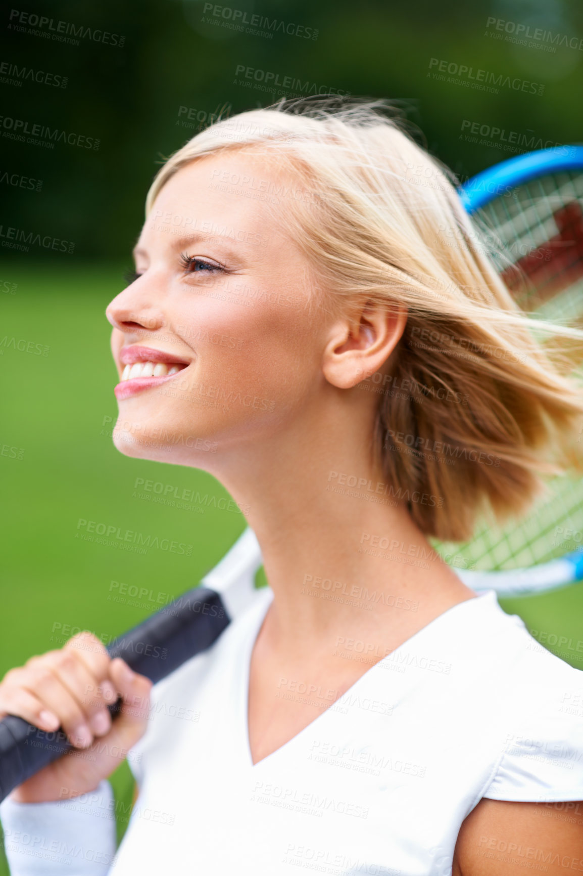 Buy stock photo Tennis, woman and smile with racket outdoor for training to play match, contest and competition. Face of happy young athlete, sports player and thinking on court about practice for tournament game 
