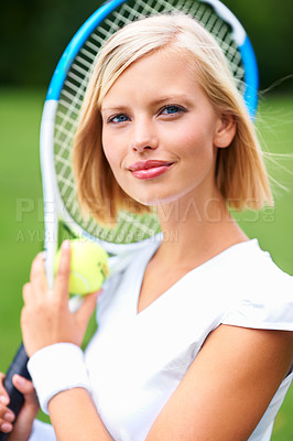 Buy stock photo Tennis, woman and portrait with racket, ball and training to play match, contest and competition outdoor. Face of happy athlete, confident sports player and ready on court to practice tournament game
