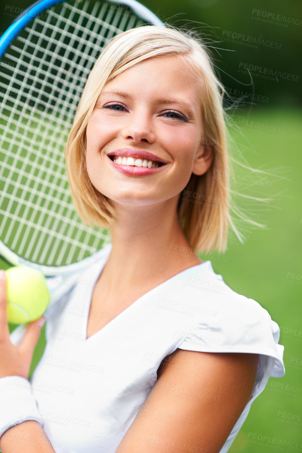 Buy stock photo Tennis, happy woman and portrait with racket, ball and training to play match, contest or competition outdoor. Face, young athlete or sports player smile with bat on court to practice tournament game