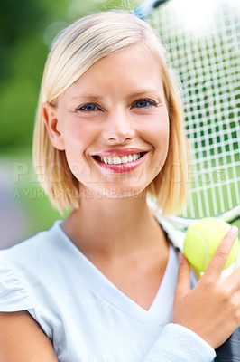 Buy stock photo Tennis, woman and smile with racket, ball and training for performance, contest or competition outdoor. Portrait, face of athlete and happy sports player with bat on court to practice tournament game