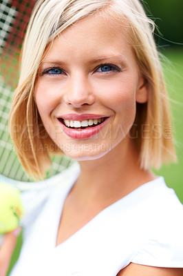 Buy stock photo Tennis, woman and portrait of face with racket for training to play match, contest and competition outdoor. Happy young athlete, sports and confident player on court to practice for tournament game 