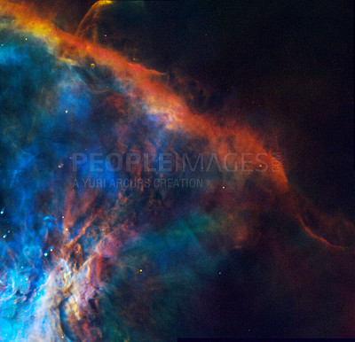 Buy stock photo Cosmos, neon cloud and stars in universe with light, dust pattern and color glow in solar system. Galaxy, infinity and planets in milky way with nebula shine, dark sky or energy flare in space debris