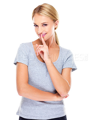 Buy stock photo Secret, portrait and woman with finger on lips in studio for privacy sign, confidential mystery and surprise on white background. Happy model show quiet emoji for gossip, news or whisper announcement