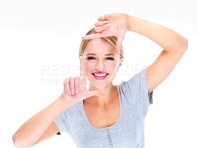 Buy stock photo Portrait, woman and finger frame for face to review creative profile picture on white background in studio. Happy model check perspective for photography ideas, planning selfie or border of hand sign