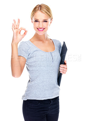 Buy stock photo Happy woman, portrait and okay sign for business success, winning or perfect against a white studio background. Female person, employee or receptionist smile with OK emoji, yes sign or like on mockup