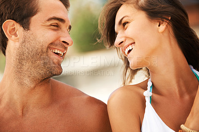 Buy stock photo Couple, travel and love, holiday and funny with summer and bonding outdoor, people laughing together on beach date. Happy, freedom and support, man and woman in relationship, young and fun adventure