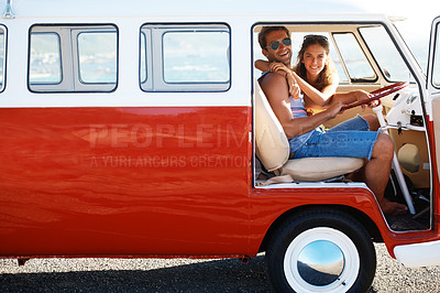 Buy stock photo Caravan, transport and couple on road trip, travel and vacation with portrait of people in relationship. Happiness, freedom and together on adventure with transportation, anniversary date and hug