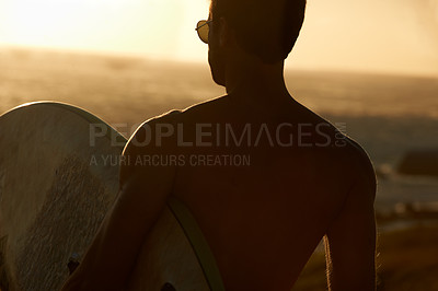 Buy stock photo Man, beach and surf, sunset and silhouette with back view, sport and travel, adventure and fitness in nature. Ocean, orange and peace with freedom, workout on summer vacation and surfboard outdoor