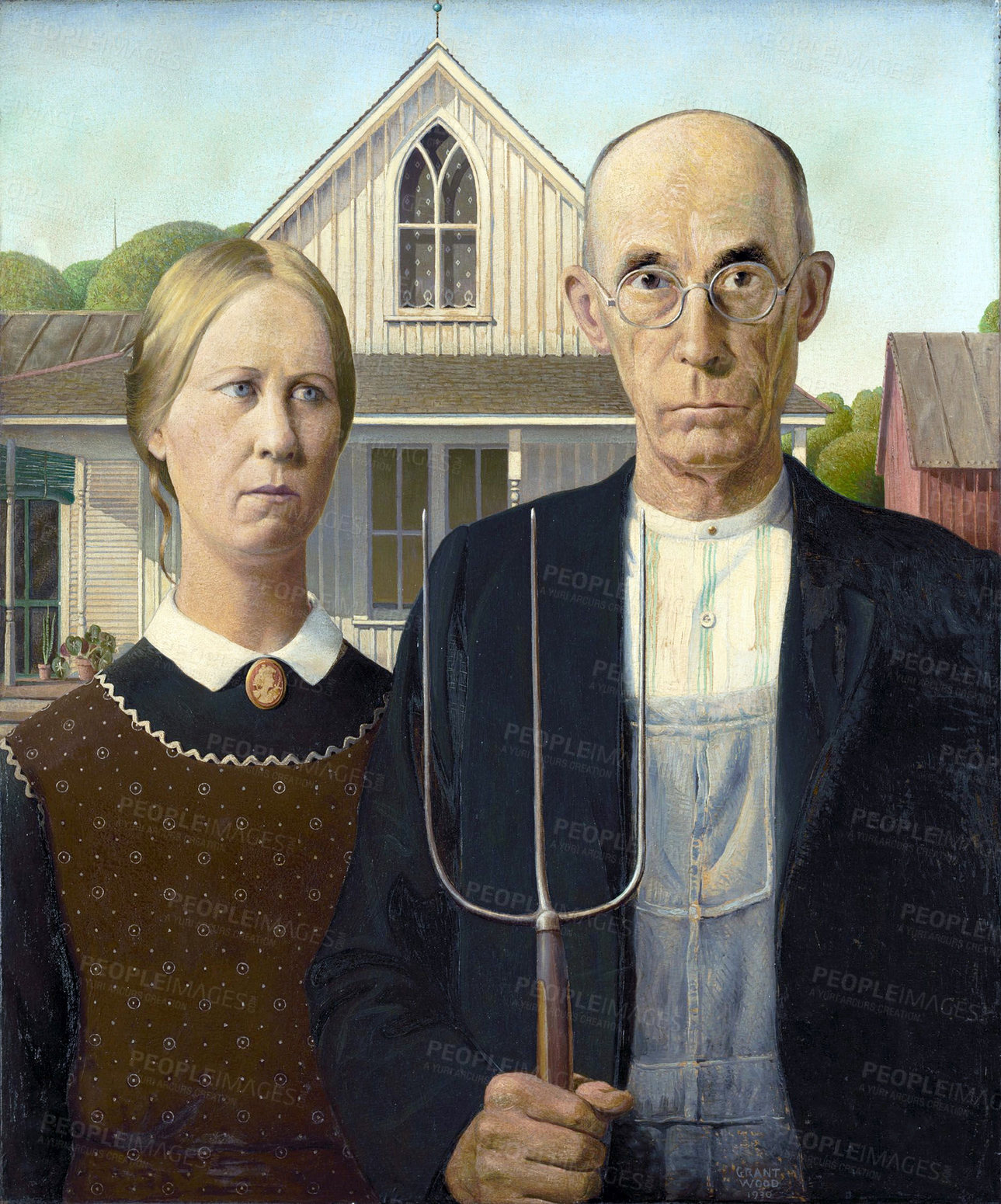 Buy stock photo American gothic, painting and portrait of farmer in art, history or people or architecture of house on canvas. Vintage, artwork and retro icon or character of culture in creative image and picture