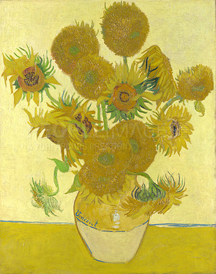 Buy stock photo Van Gogh, art and painting of sunflower, bouquet and vase on table with golden light in creative style. Vintage, artwork and sad still life of flowers on canvas, print or drawing in oil paint