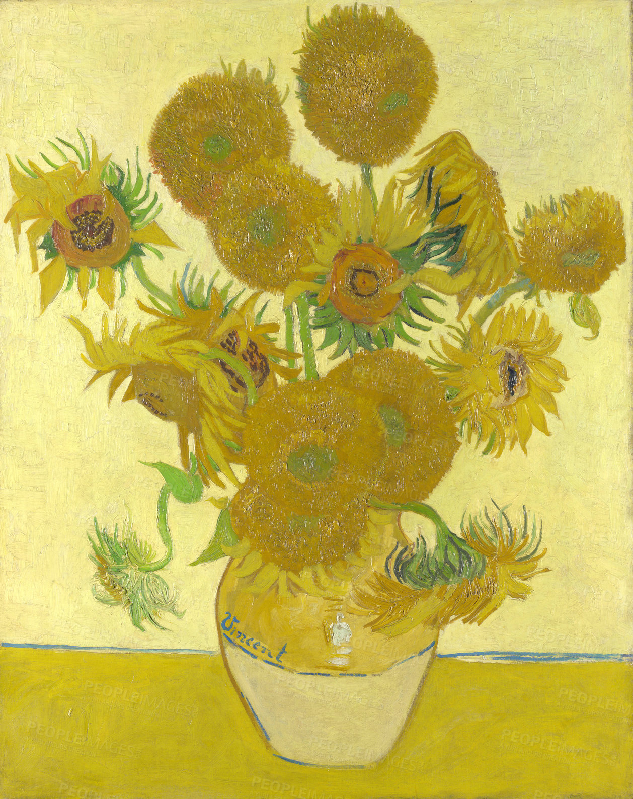 Buy stock photo Van Gogh, art and painting of sunflower, bouquet and vase on table with golden light in creative style. Vintage, artwork and sad still life of flowers on canvas, print or drawing in oil paint