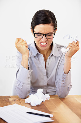 Buy stock photo Frustrated young businesswoman struggling to come up with ideas
