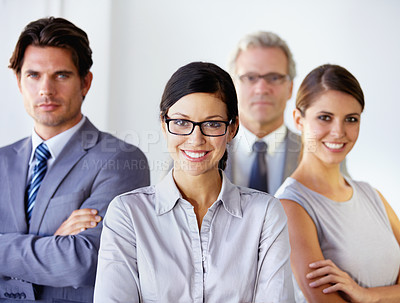 Buy stock photo Confident team of businesspeople standing together - portrait 