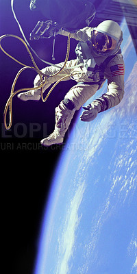 Buy stock photo Astronaut, person in outer space and Earth, universe and aerospace with cable, engineering and galaxy exploration. Universe, globe and planet with mission, cosmos and floating in no gravity in suit