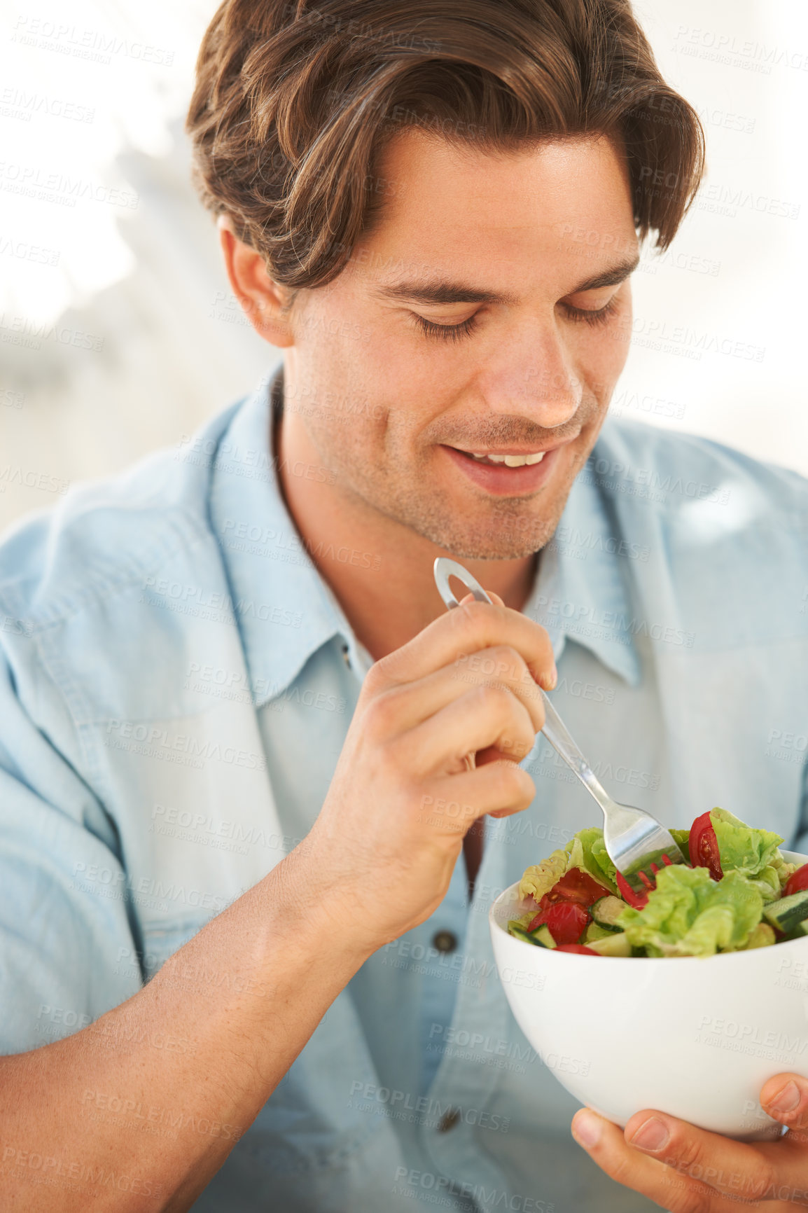 Buy stock photo Man, salad and healthy food, diet and lunch with wellness, eating meal with smile and nutrition. Health, dinner and bowl in hands with lettuce and vegetables to lose weight, hungry and self care