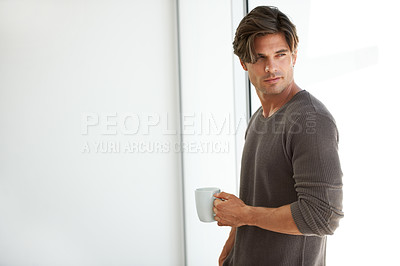 Buy stock photo Coffee, thinking and young man at apartment with vision, reflection or memory face expression. Smile, happy and male person from Canada with latte, cappuccino or espresso with an idea at modern home 