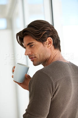 Buy stock photo Coffee, memory and young man at apartment with thinking, vision or reflection face expression. Handsome, morning and male person from Canada with latte, cappuccino or espresso with an idea at home.