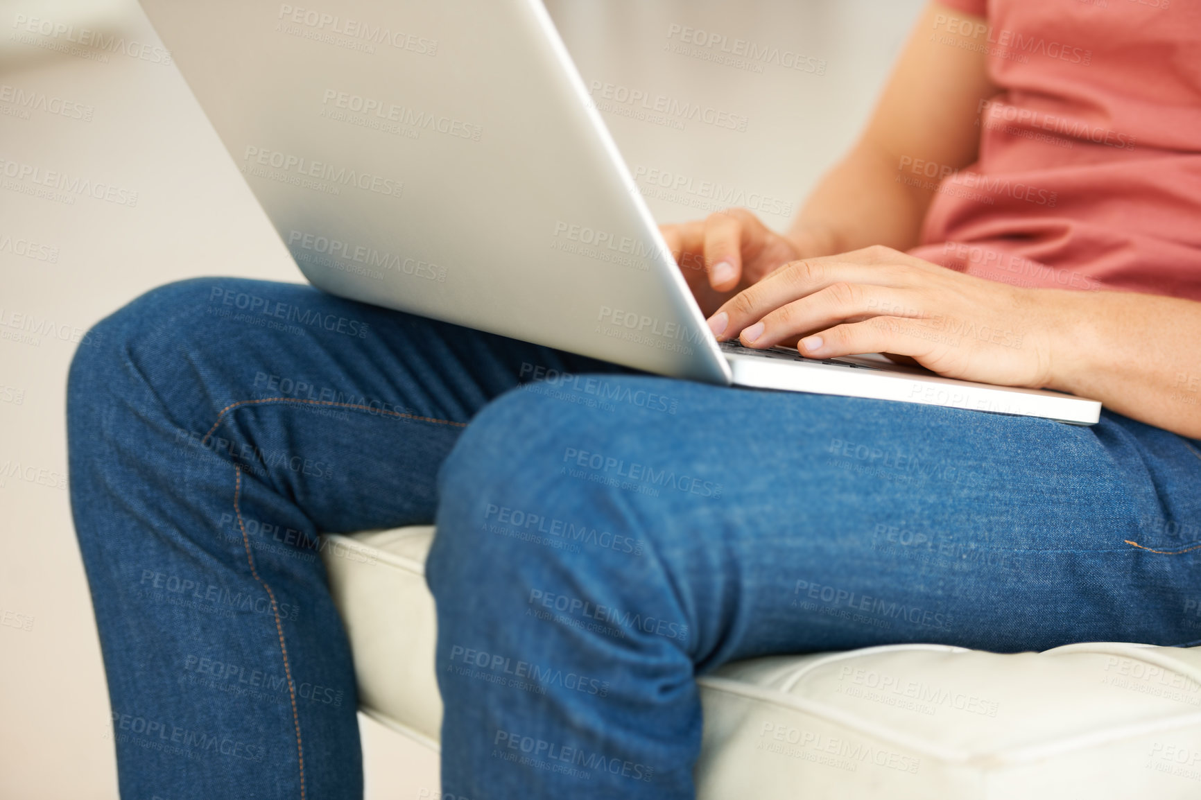 Buy stock photo Hands, remote work and person on sofa with laptop for social media, elearning and online shopping. Closeup, freelancer and typing on computer keyboard for email, planning blog and research at home 