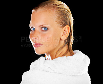 Buy stock photo Shower, towel and portrait of woman on black background for wellness, grooming and beauty mockup. Bathroom, luxury spa and face of person with wet hair for skincare, washing and cleaning in studio