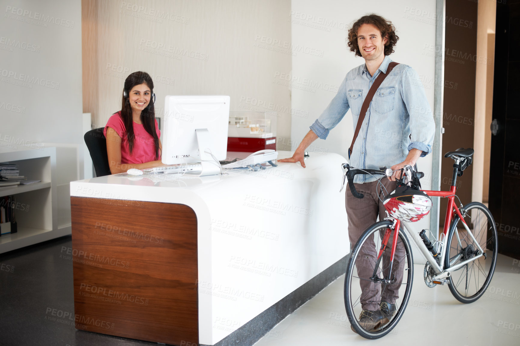 Buy stock photo Man, office with bike and sustainable travel, worker in portrait with carbon footprint, transportation and creative at startup. Happy, cycling for eco friendly commute and professional at workplace