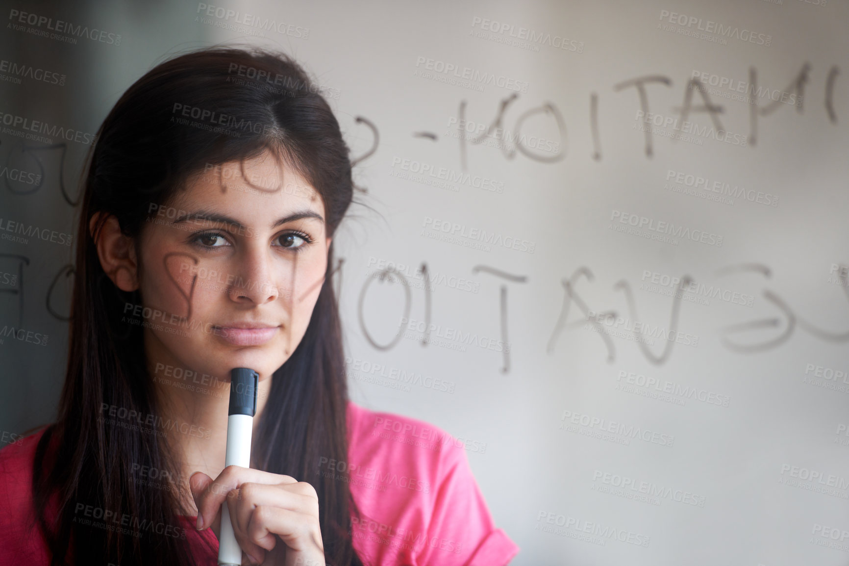 Buy stock photo Business woman, planning and brainstorming on glass board for solution, ideas and strategy in portrait. Face of young employee or worker with startup project, writing and thinking or problem solving