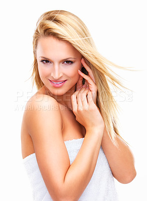Buy stock photo Portrait, beauty and hair of a woman closeup in studio on a white background for natural wellness or cosmetics. Face, skincare and aesthetic with a happy young model at the salon for dermatology
