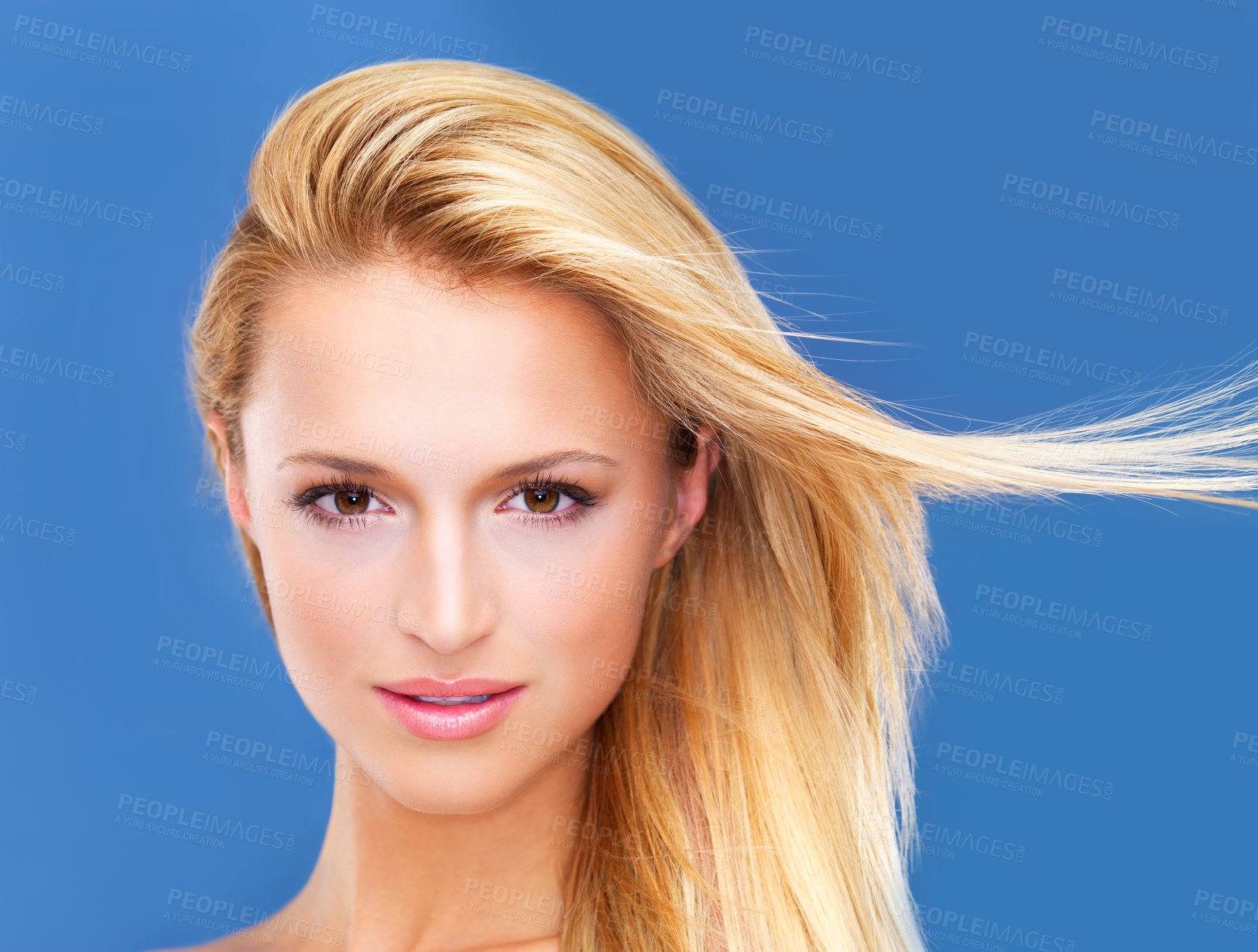 Buy stock photo Portrait, shampoo and wind in the hair of a woman closeup in studio on a white background for natural wellness or cosmetics. Face, beauty and skincare with a young model at the salon for keratin