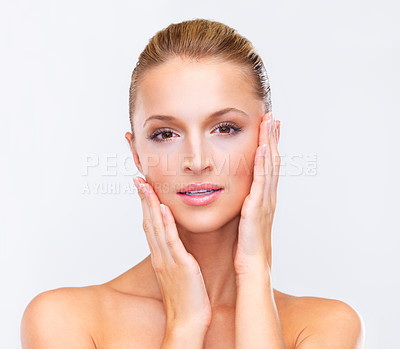 Buy stock photo Woman, portrait and face with makeup in skincare, beauty or cosmetics against a studio background. Female person, blonde or model for spa, salon or facial treatment in relax or skin dermatology