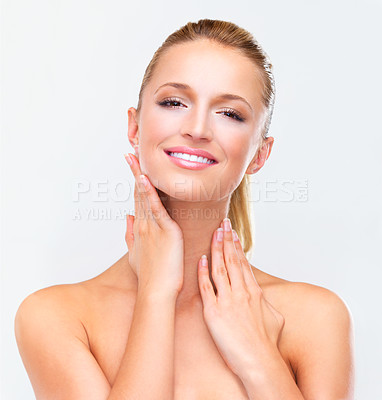 Buy stock photo Touch face, skincare and portrait of woman for wellness, facial treatment and cosmetics on white background. Dermatology, beauty and isolated person for makeup, salon and luxury aesthetic in studio