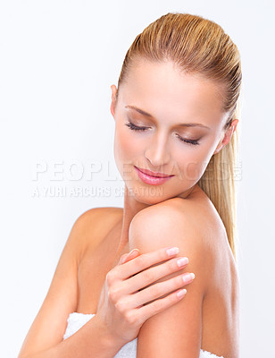 Buy stock photo Woman, skincare and dermatology glow treatment for confident face, facial shine or wellness. Female person, hand and fresh on studio white background mockup for healthy self care, spa day or collagen