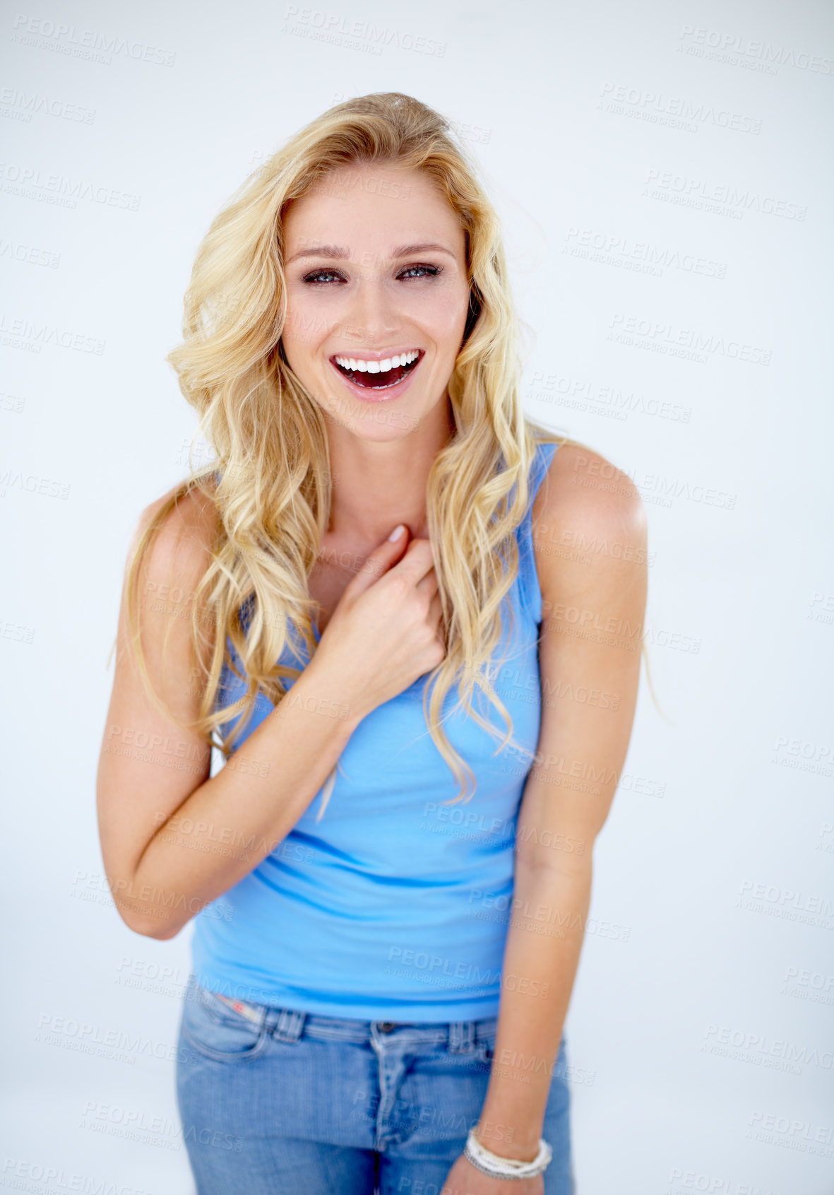 Buy stock photo Portrait, happy woman laughing and good news in white background. Excited or happiness, cheerful or surprised expression and mockup isolated female person with positive smile in studio backdrop 