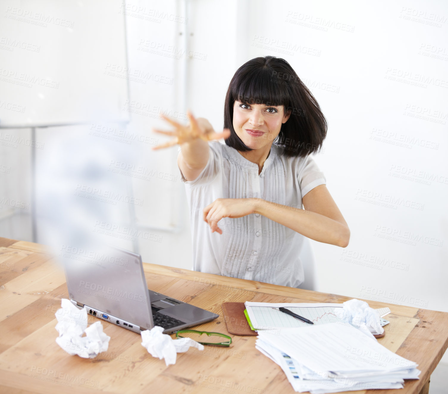 Buy stock photo Upset, throwing paper and portrait of business woman at her desk with burnout, anger or stress. Frustrated female worker with finance documents or angry about accounting problem or crisis at laptop
